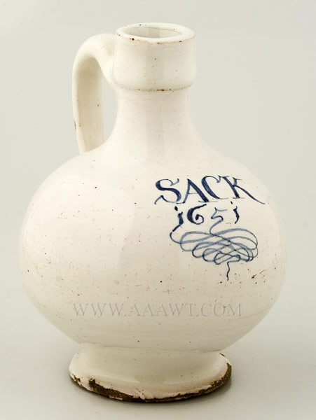 17th Century Delft Wine Bottle, Sack
London, Probably Southwark, Dated 1651, right facing
